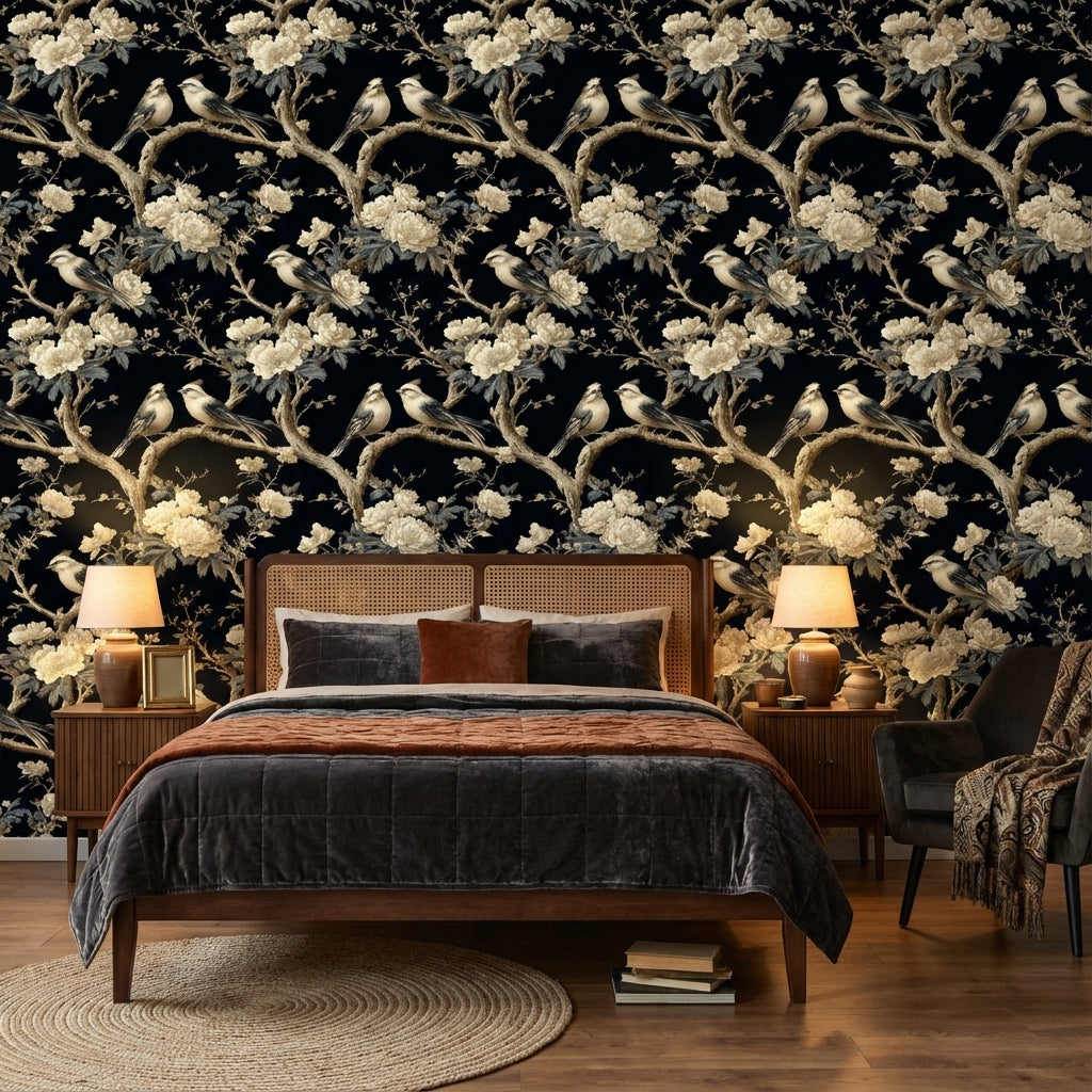Floral Wallpaper Birds Elegant Removable Wall Decor