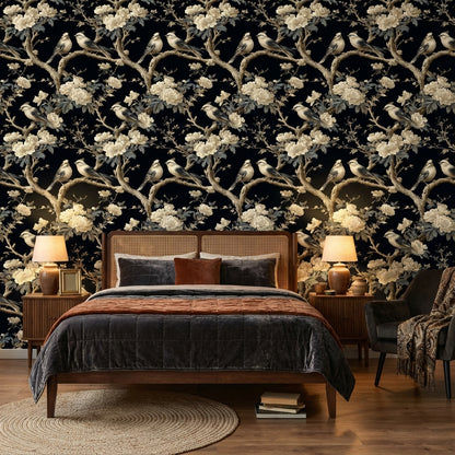 Floral Wallpaper Birds Elegant Removable Wall Decor