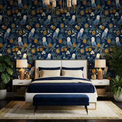 Navy Parrots Wallpaper Floral Exotic Removable Wall Decor