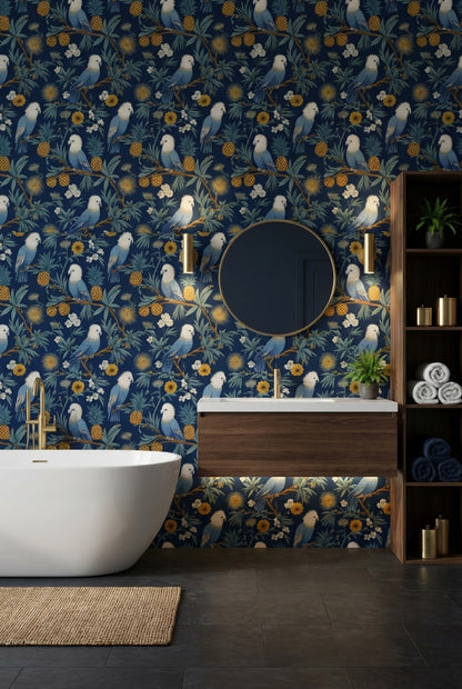 Navy Parrots Wallpaper Floral Exotic Removable Wall Decor
