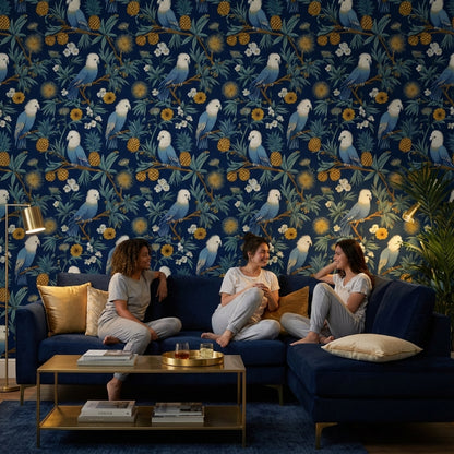 Navy Parrots Wallpaper Floral Exotic Removable Wall Decor