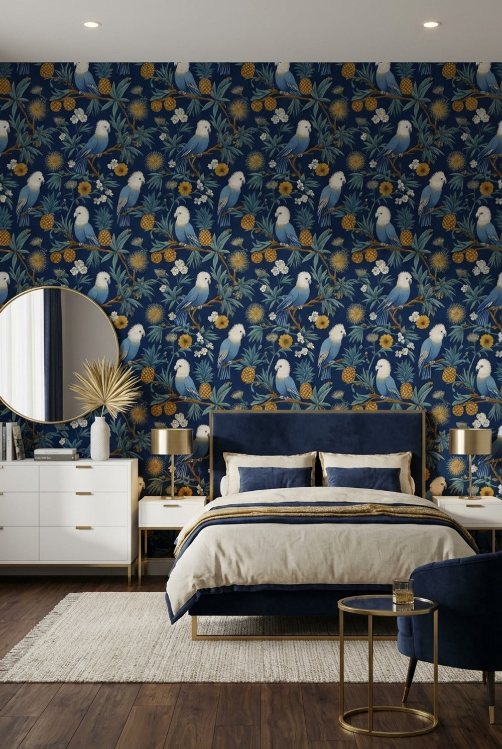 Navy Parrots Wallpaper Floral Exotic Removable Wall Decor