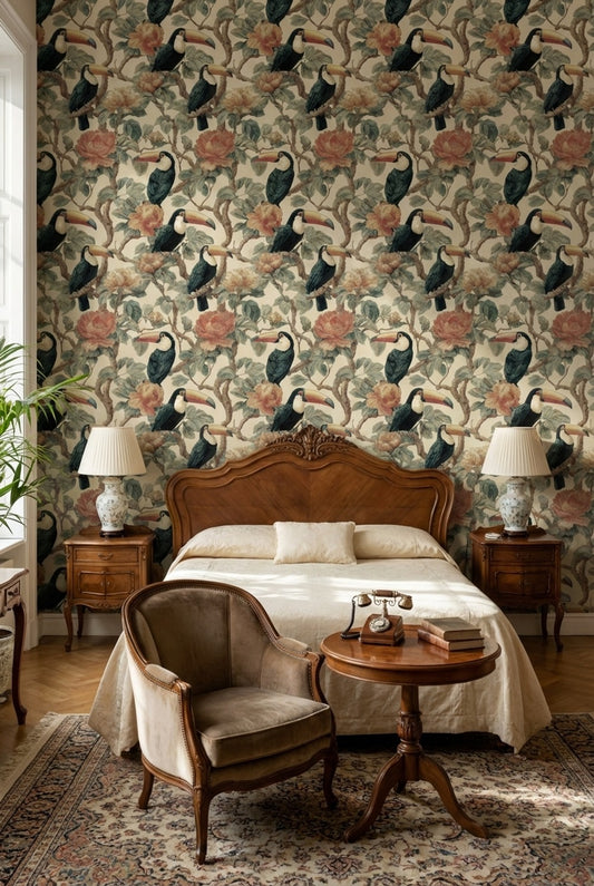 Vintage Tropical Wallpaper Elegant Tukan Decorative Mural