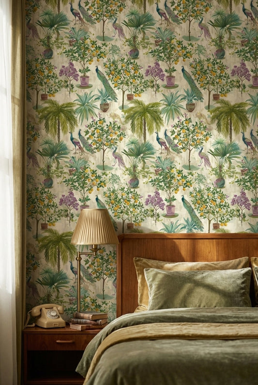 Peacocks Wallpaper Citrus Trees Vintage Decorative Mural