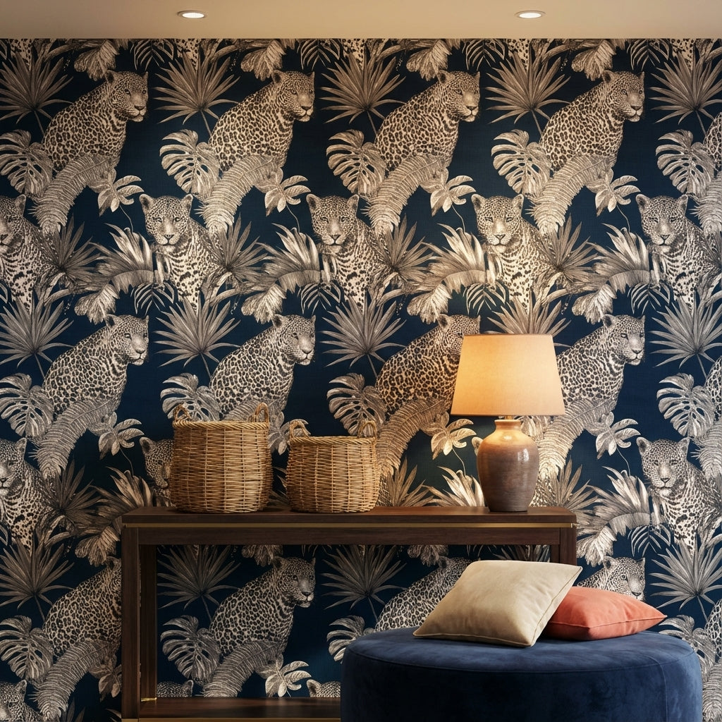 Leopard Wallpaper Tropical Navy Removable Wall Decor