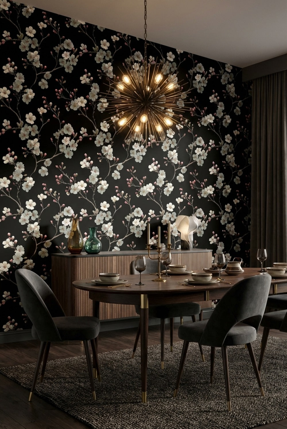 Floral Wallpaper Blossoms Removable Black Background Wall Mural