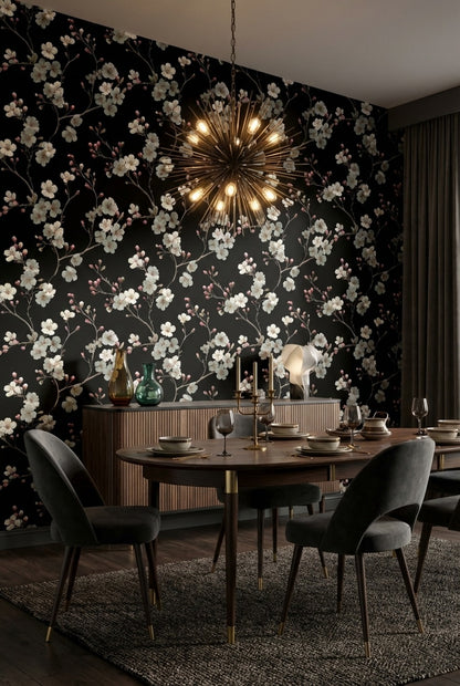 Floral Wallpaper Blossoms Removable Black Background Wall Mural