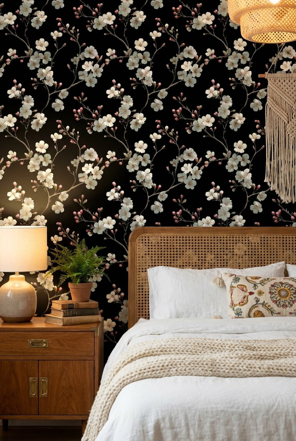 Floral Wallpaper Blossoms Removable Black Background Wall Mural