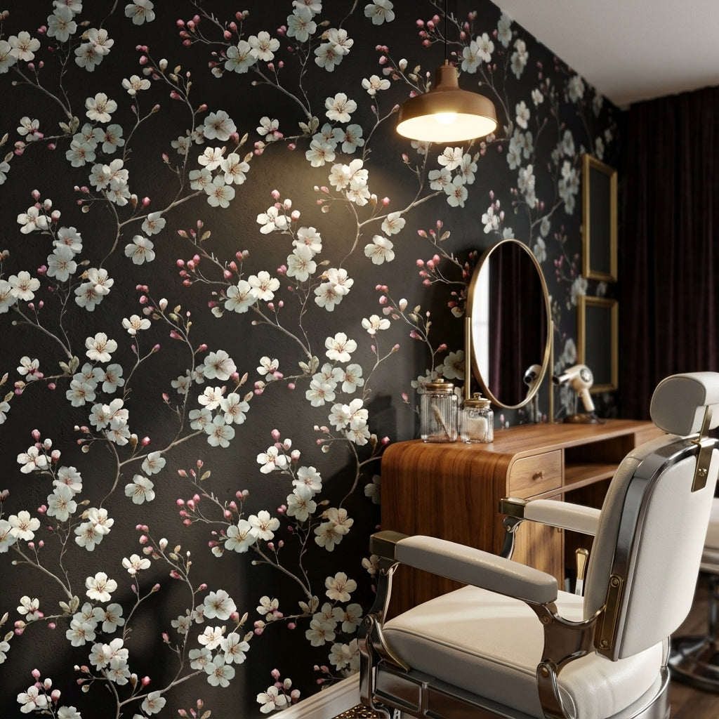 Floral Wallpaper Blossoms Removable Black Background Wall Mural