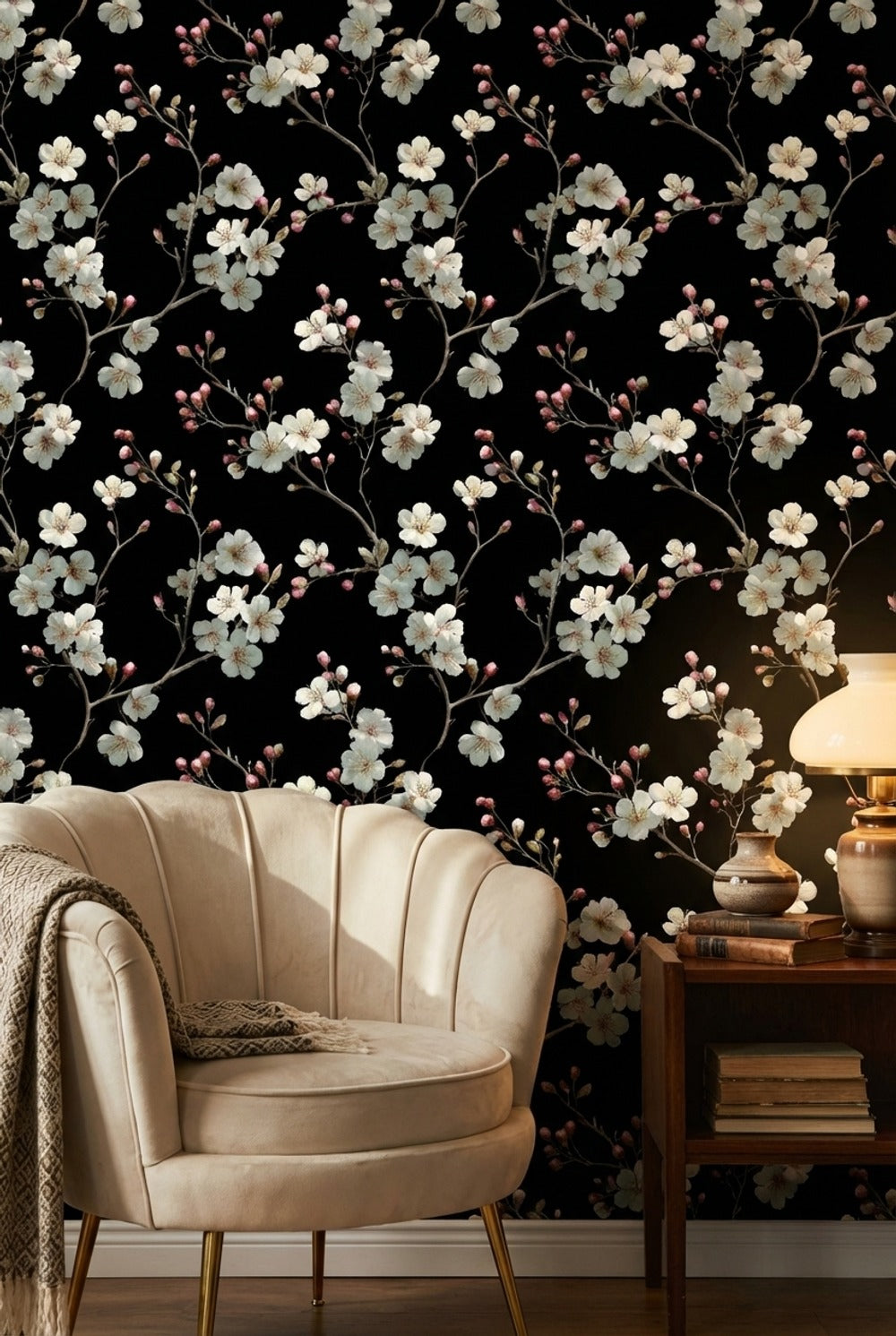 Floral Wallpaper Blossoms Removable Black Background Wall Mural
