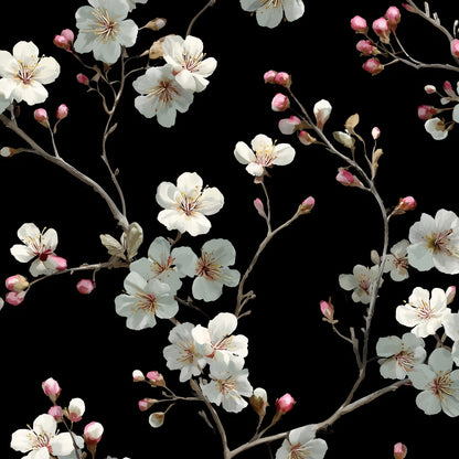 Floral Wallpaper Blossoms Removable Black Background Wall Mural