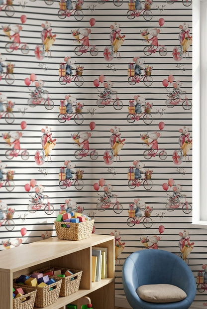Mice Wallpaper Bicycles Removable Whimsical Wall Mural