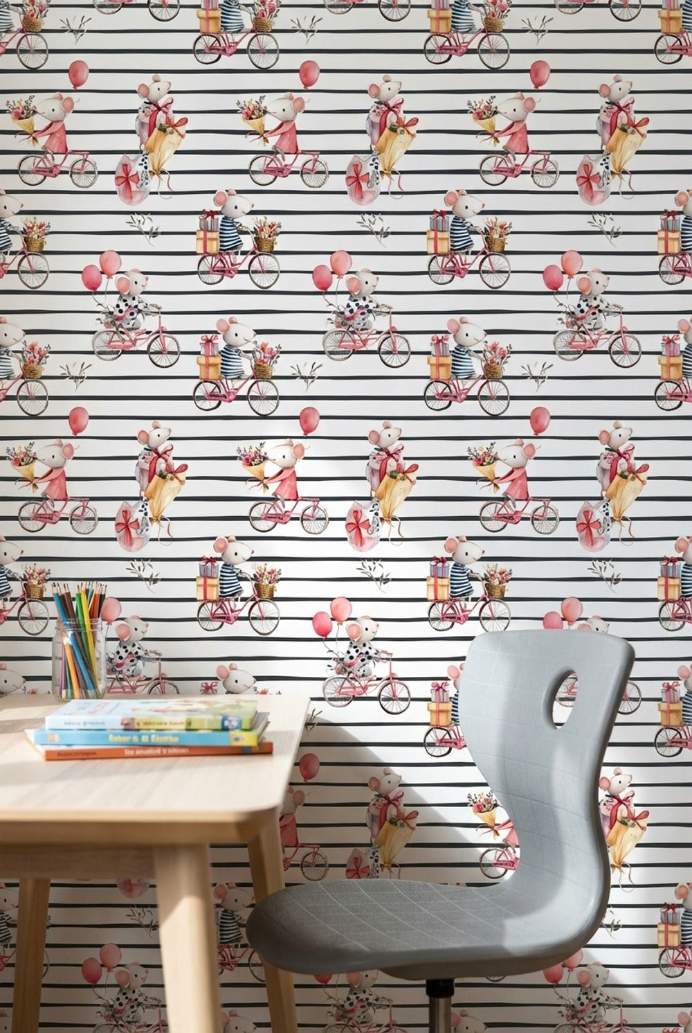 Mice Wallpaper Bicycles Removable Whimsical Wall Mural