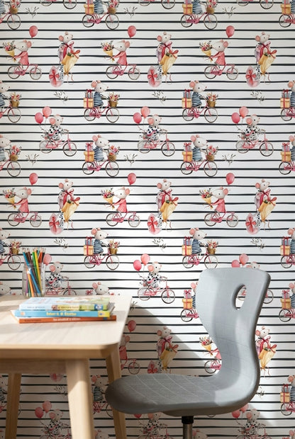 Mice Wallpaper Bicycles Removable Whimsical Wall Mural