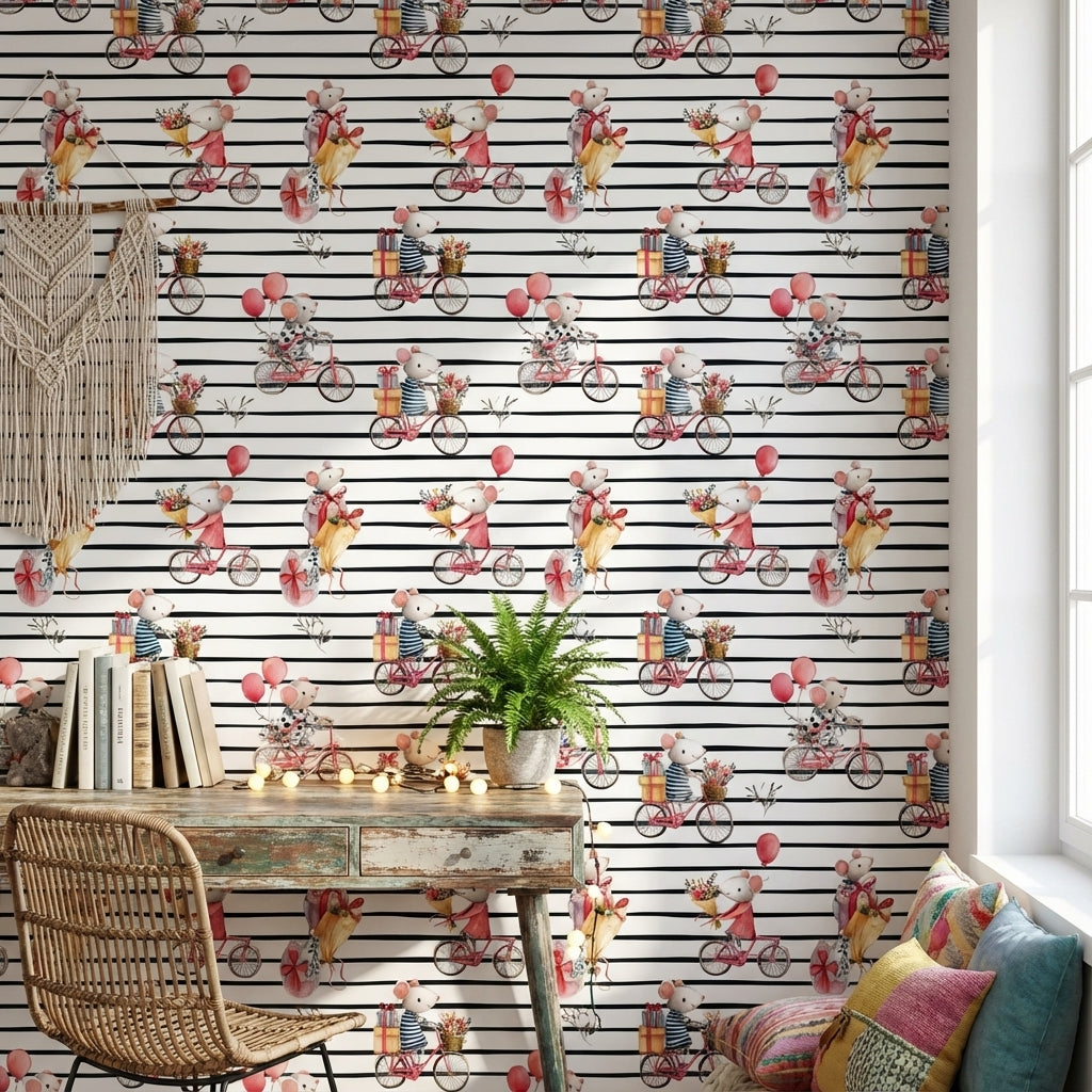 Mice Wallpaper Bicycles Removable Whimsical Wall Mural