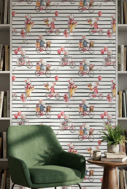 Mice Wallpaper Bicycles Removable Whimsical Wall Mural