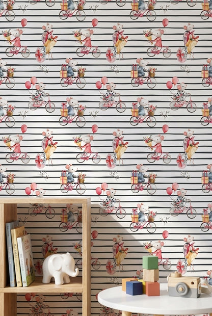 Mice Wallpaper Bicycles Removable Whimsical Wall Mural