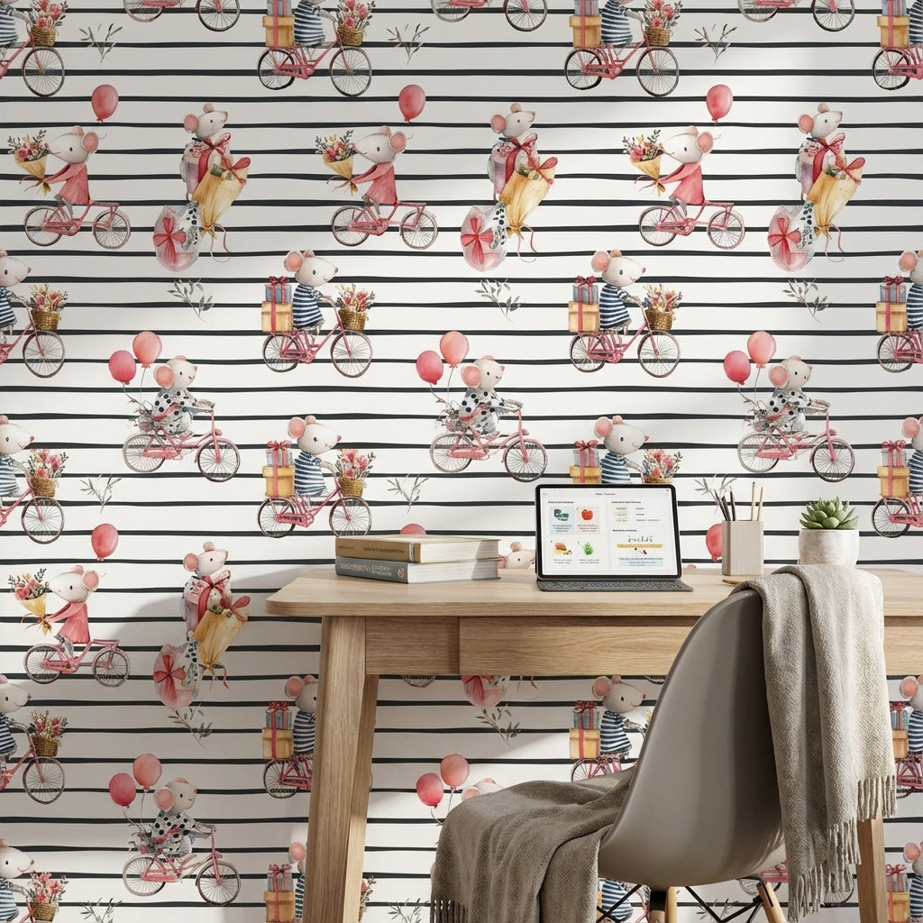 Mice Wallpaper Bicycles Removable Whimsical Wall Mural