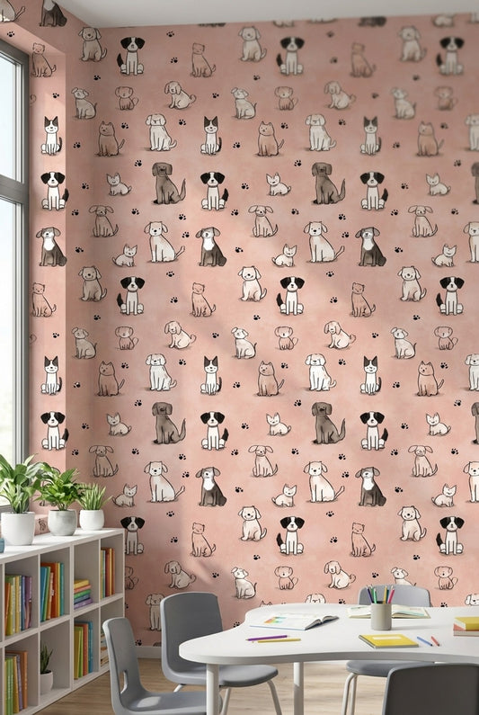 Cartoon Animals Wallpaper Pink Playful Decorative Mural