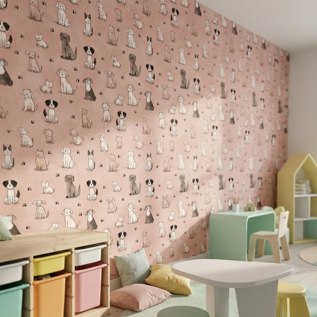 Cartoon Animals Wallpaper Pink Playful Decorative Mural