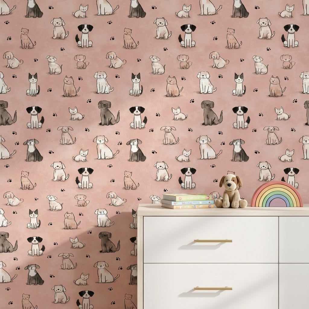 Cartoon Animals Wallpaper Pink Playful Decorative Mural