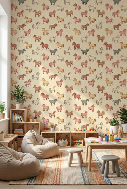 Horses Wallpaper Cartoon Playful Wall Decor