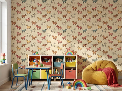 Horses Wallpaper Cartoon Playful Wall Decor