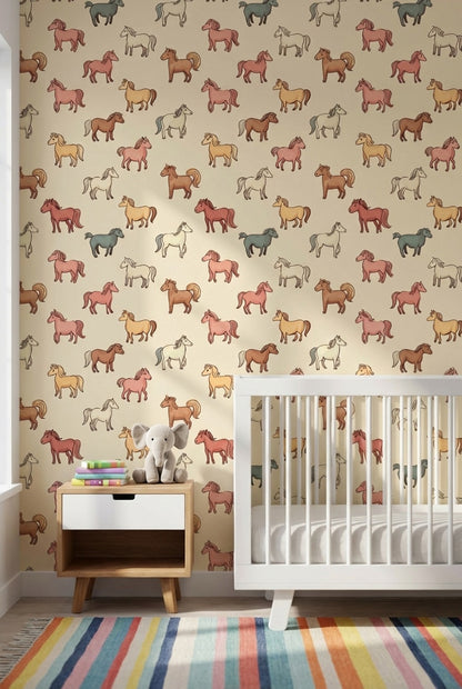 Horses Wallpaper Cartoon Playful Wall Decor