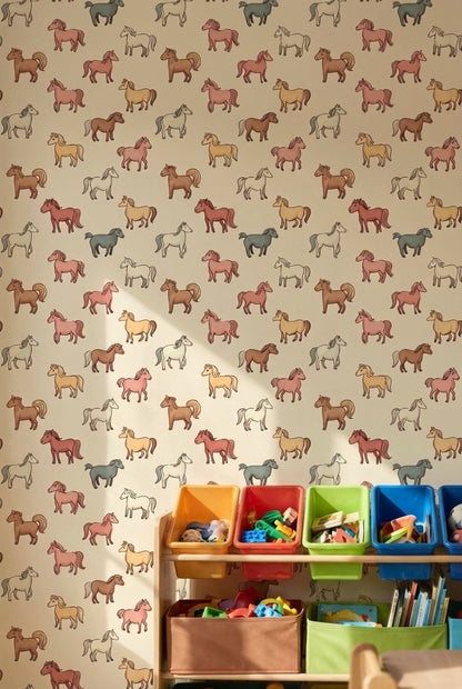 Horses Wallpaper Cartoon Playful Wall Decor