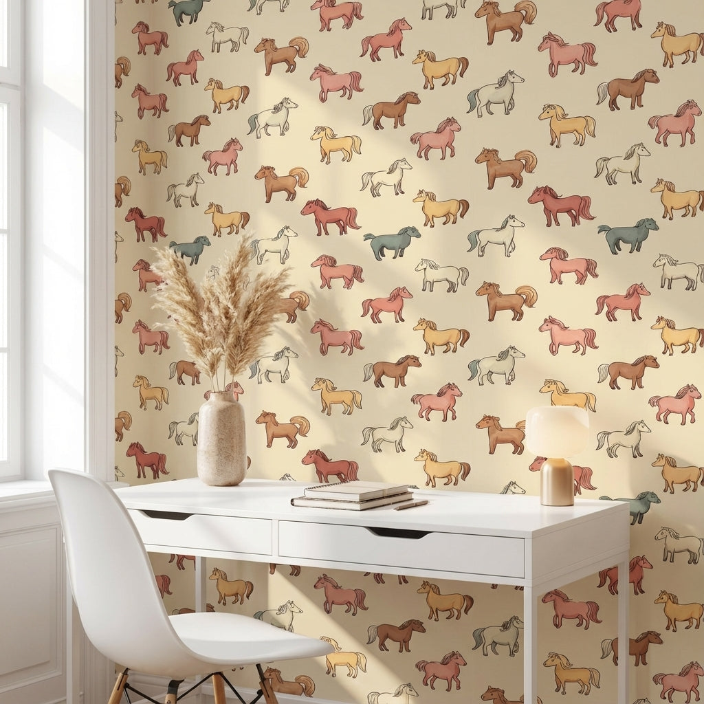 Horses Wallpaper Cartoon Playful Wall Decor