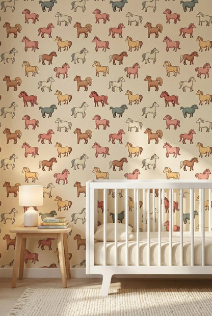 Horses Wallpaper Cartoon Playful Wall Decor