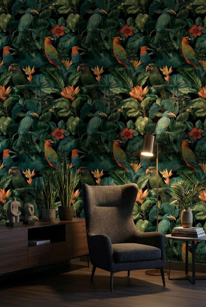Tropical Birds Wallpaper Floral Modern Decorative Mural
