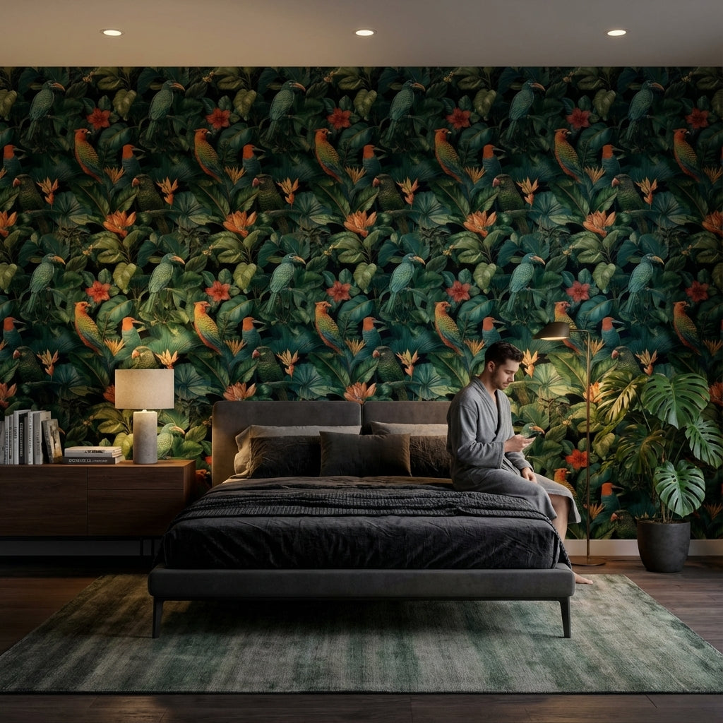Tropical Birds Wallpaper Floral Modern Decorative Mural