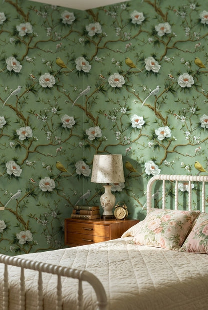 Floral Wallpaper Birds Removable Green Wall Mural