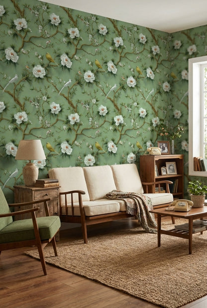 Floral Wallpaper Birds Removable Green Wall Mural
