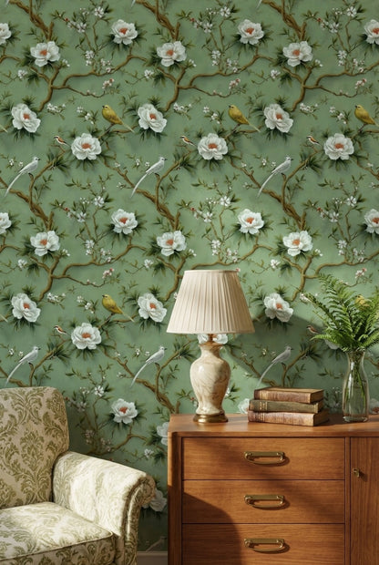 Floral Wallpaper Birds Removable Green Wall Mural
