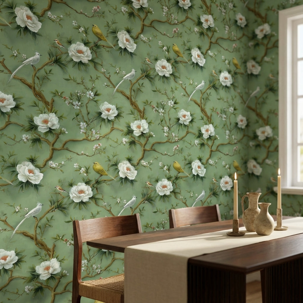 Floral Wallpaper Birds Removable Green Wall Mural