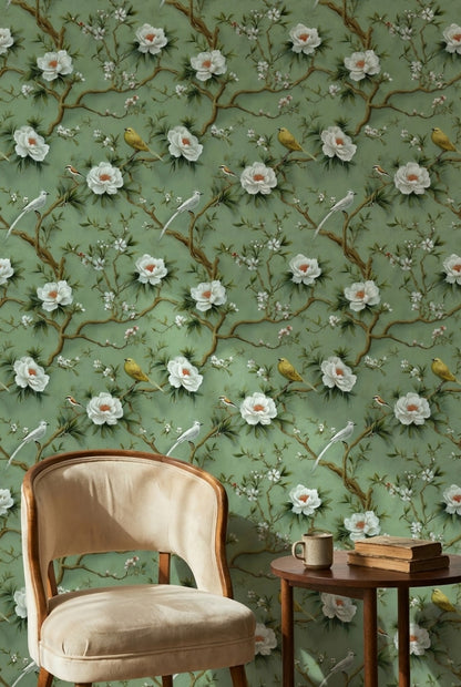 Floral Wallpaper Birds Removable Green Wall Mural