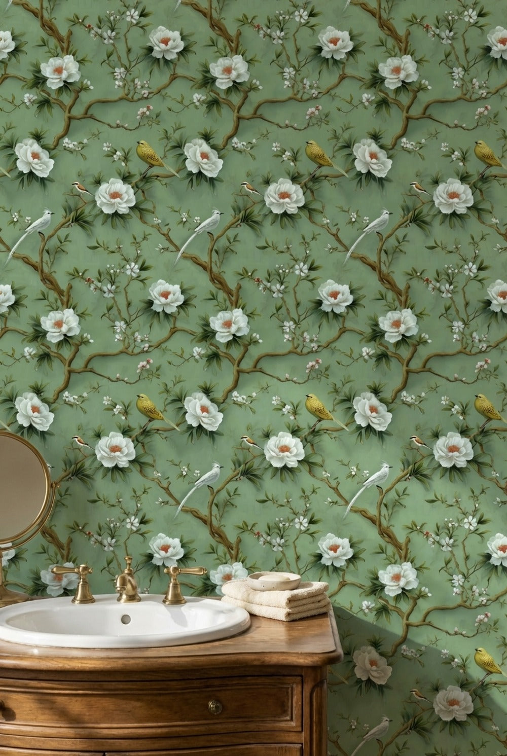 Floral Wallpaper Birds Removable Green Wall Mural