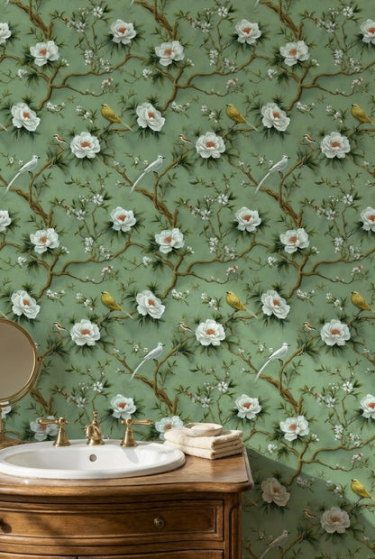 Floral Wallpaper Birds Removable Green Wall Mural