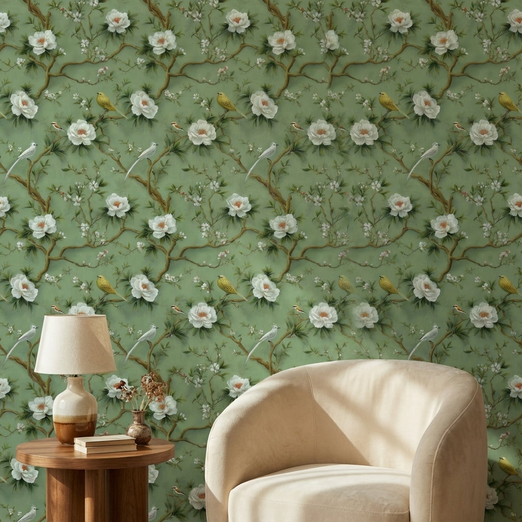 Floral Wallpaper Birds Removable Green Wall Mural