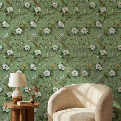 Floral Wallpaper Birds Removable Green Wall Mural