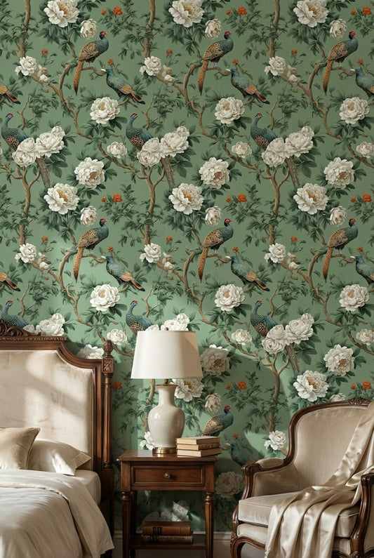 Muted Green Wallpaper Chinoiserie Bird Decorative Mural