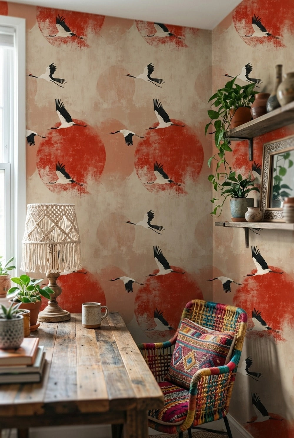 Cranes Wallpaper Modern Nature Removable Wall Decor