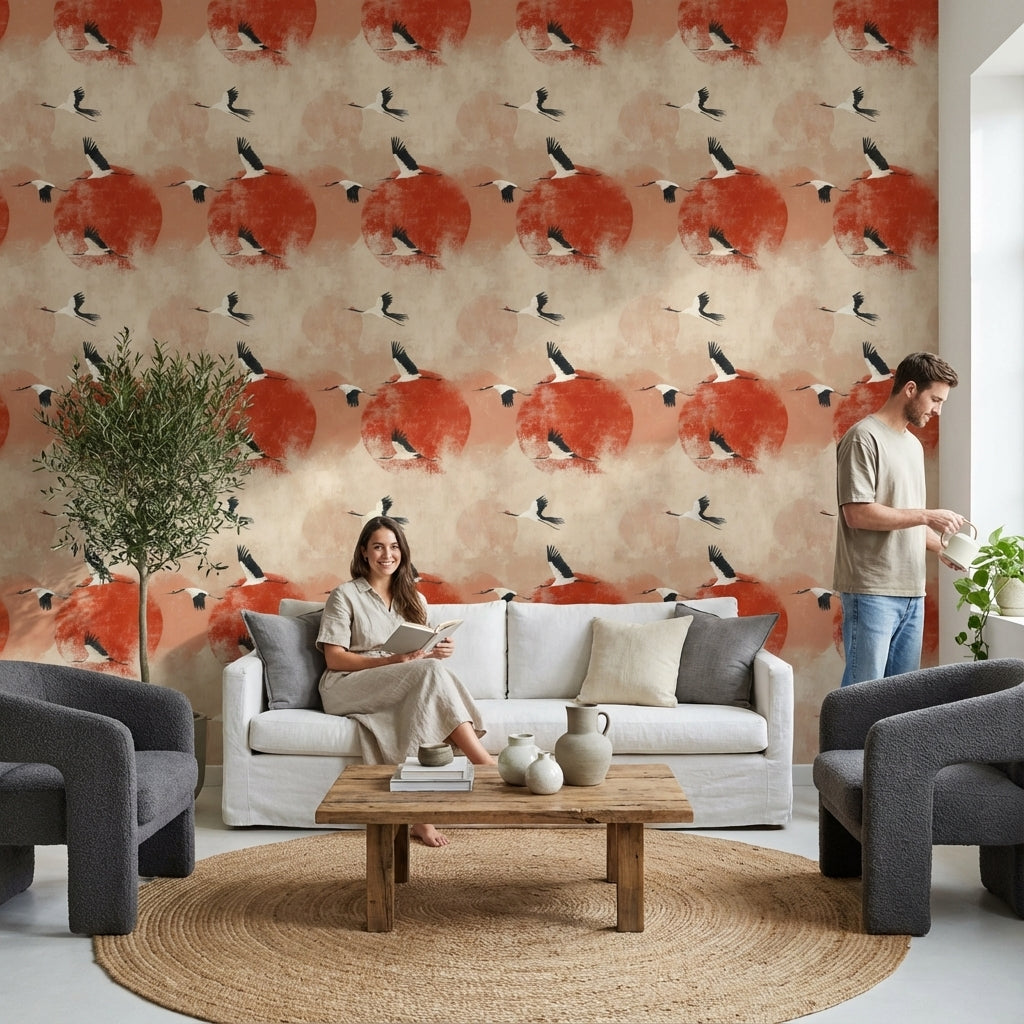 Cranes Wallpaper Modern Nature Removable Wall Decor