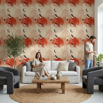 Cranes Wallpaper Modern Nature Removable Wall Decor