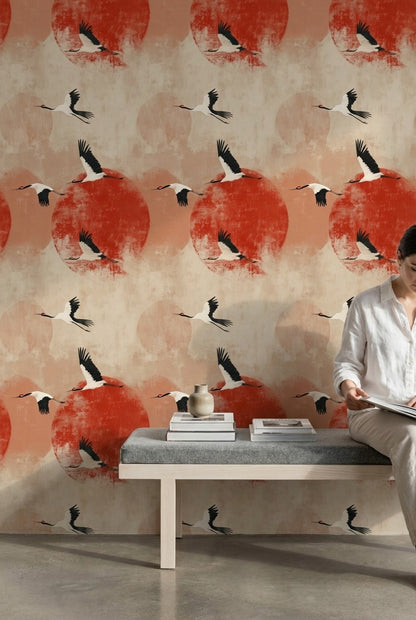 Cranes Wallpaper Modern Nature Removable Wall Decor