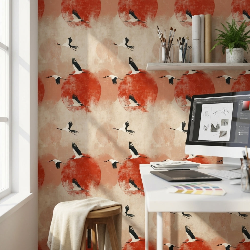 Cranes Wallpaper Modern Nature Removable Wall Decor