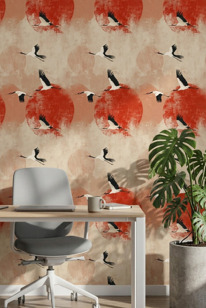 Cranes Wallpaper Modern Nature Removable Wall Decor