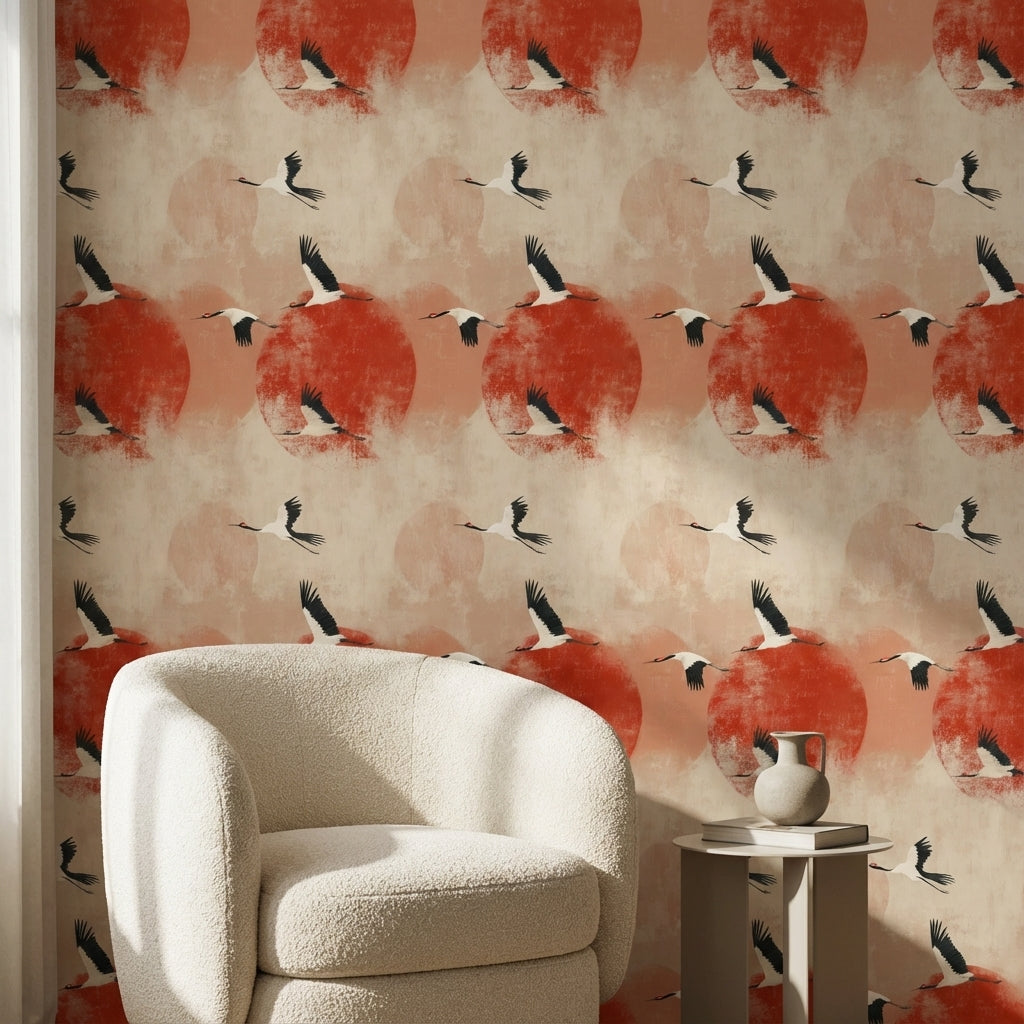 Cranes Wallpaper Modern Nature Removable Wall Decor